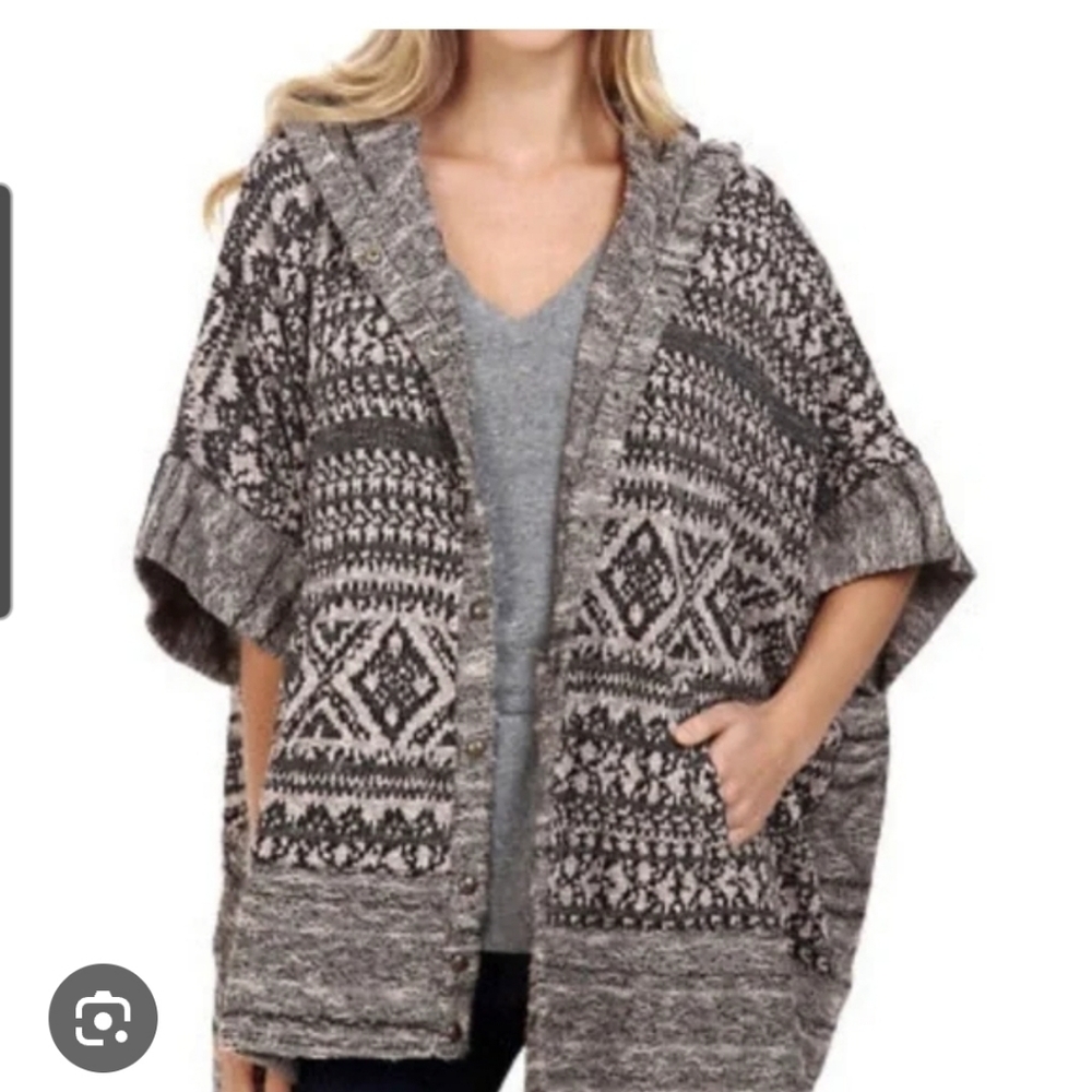 Lucky Brand Black & Gray Aztec Southwest Print Poncho Shrug Cape Pockets OSFM